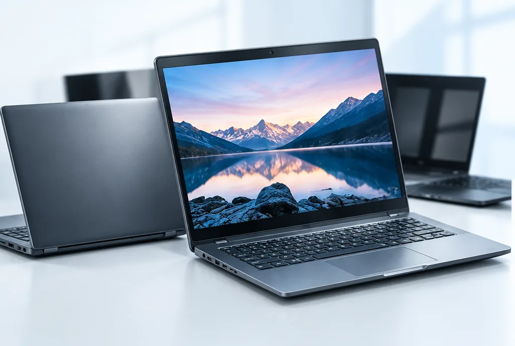 Skupina renovovaných notebookov na svetlom stole, v popredí otvorený notebook